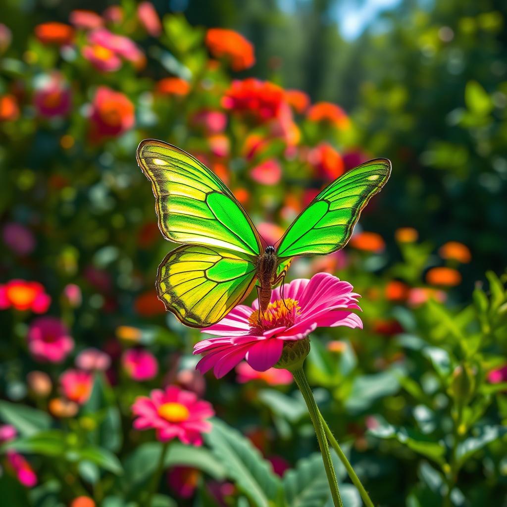 A beautiful green butterfly perched delicately on a vibrant flower, its iridescent wings shimmering under soft sunlight