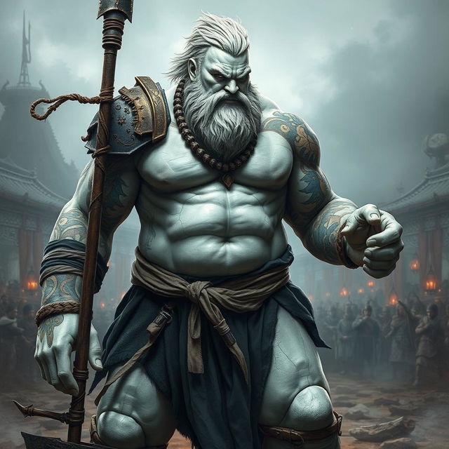 An imposing stone goliath battle monk stands in a serious battle stance, exuding an aura of strength and focus