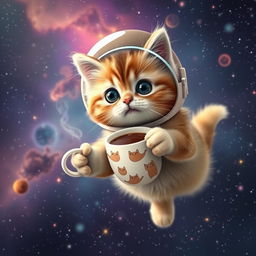 A charming scene of a cute cat floating in the vastness of space, with twinkling stars and colorful nebulae in the background