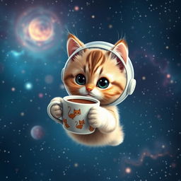 A charming scene of a cute cat floating in the vastness of space, with twinkling stars and colorful nebulae in the background