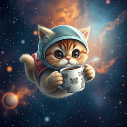 A charming scene of a cute cat floating in the vastness of space, with twinkling stars and colorful nebulae in the background