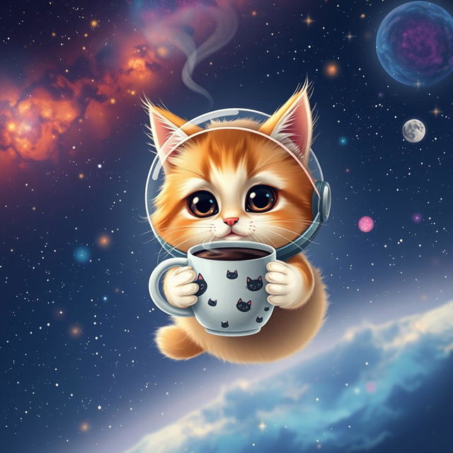 A charming scene of a cute cat floating in the vastness of space, with twinkling stars and colorful nebulae in the background