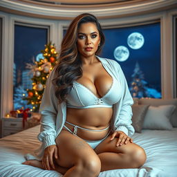 A full-body image of a beautiful and sexy curvy mature woman, around 45 years old, with long wavy brown hair and striking cyan eyes