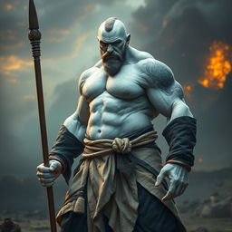 A mighty stone goliath battle monk stands resolutely in a battle stance, exuding an air of focus and readiness