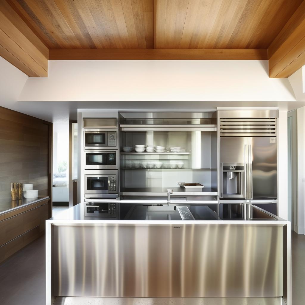 A modern kitchen with sleek cabinetry, stainless steel appliances, and an elegant kitchen island centered in the middle, illuminated by ambient natural light.