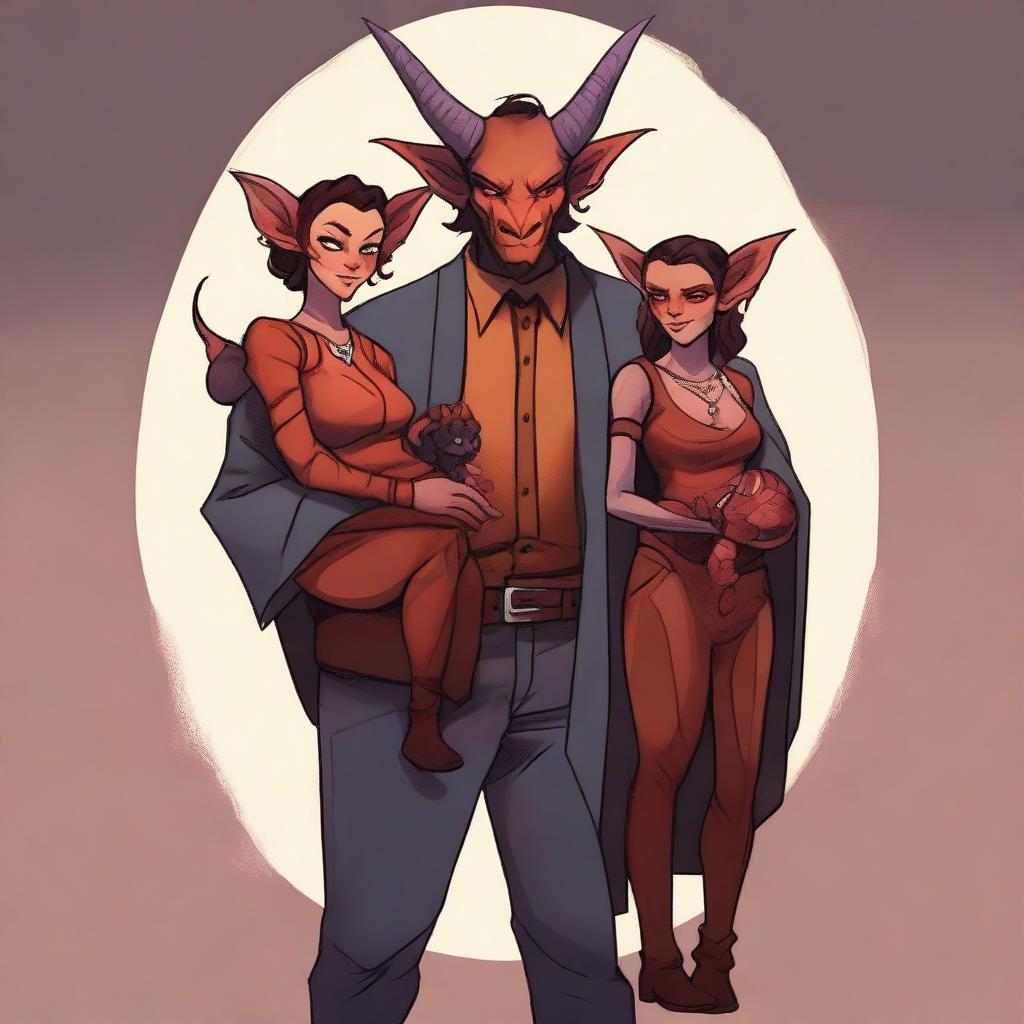 A high-quality digital art portraying a modern family of three tieflings