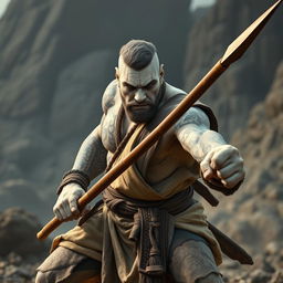 A fierce stone goliath battle monk is captured mid-action in a serious battle stance, exuding strength and focus