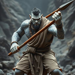 A fierce stone goliath battle monk is captured mid-action in a serious battle stance, exuding strength and focus
