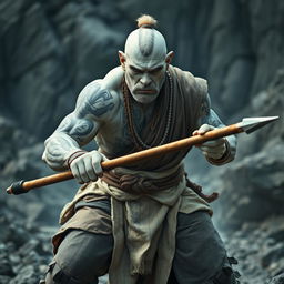 A fierce stone goliath battle monk is captured mid-action in a serious battle stance, exuding strength and focus
