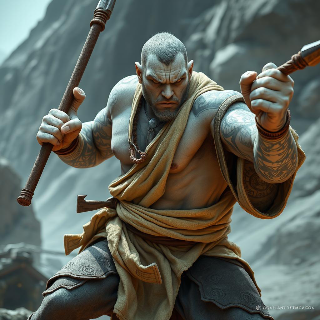 A fierce stone goliath battle monk is captured mid-action in a serious battle stance, exuding strength and focus