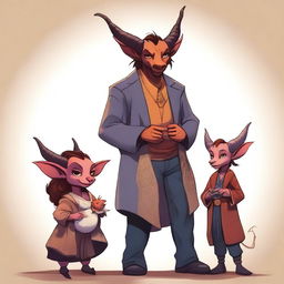 A high-quality digital art portraying a modern family of three tieflings