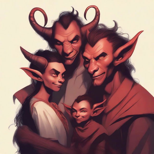 A high-quality digital art portraying a modern family of three tieflings