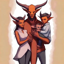 A high-quality digital art portraying a modern family of three tieflings