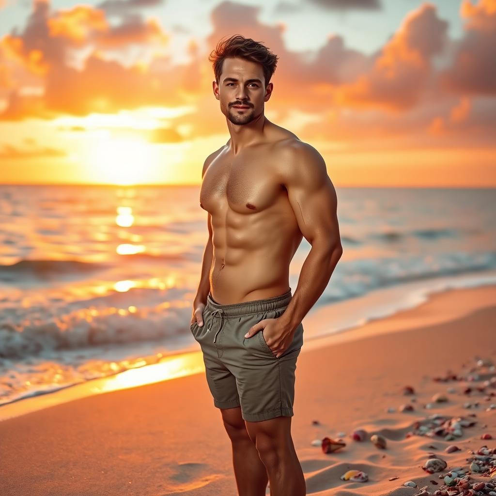 A fit and tall male in his 30s with brown hair, standing confidently on a serene beach