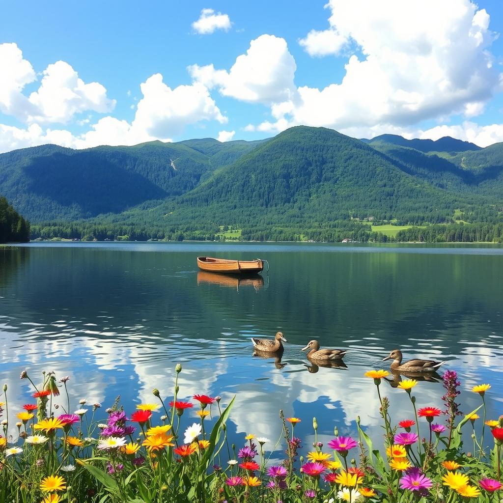 A serene landscape featuring a tranquil lake surrounded by lush green mountains under a clear blue sky