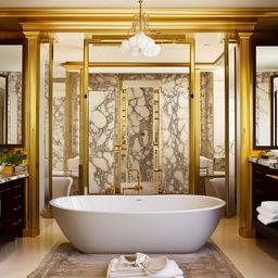 A luxurious bathroom featuring a large, ornate bathtub at the center, marble countertops, gold fixtures, a glass-walled shower, and plush white towels hanging on warming racks.