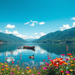 A serene landscape featuring a tranquil lake surrounded by lush green mountains under a clear blue sky