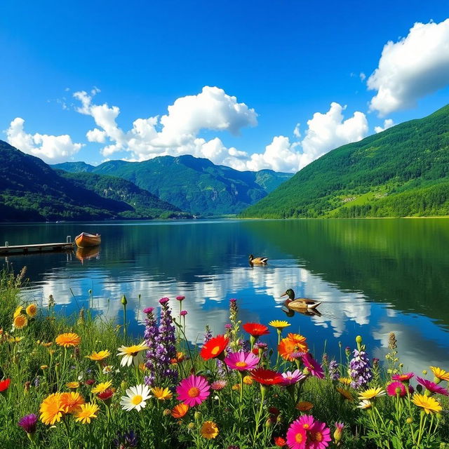 A serene landscape featuring a tranquil lake surrounded by lush green mountains under a clear blue sky