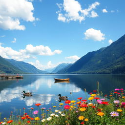 A serene landscape featuring a tranquil lake surrounded by lush green mountains under a clear blue sky