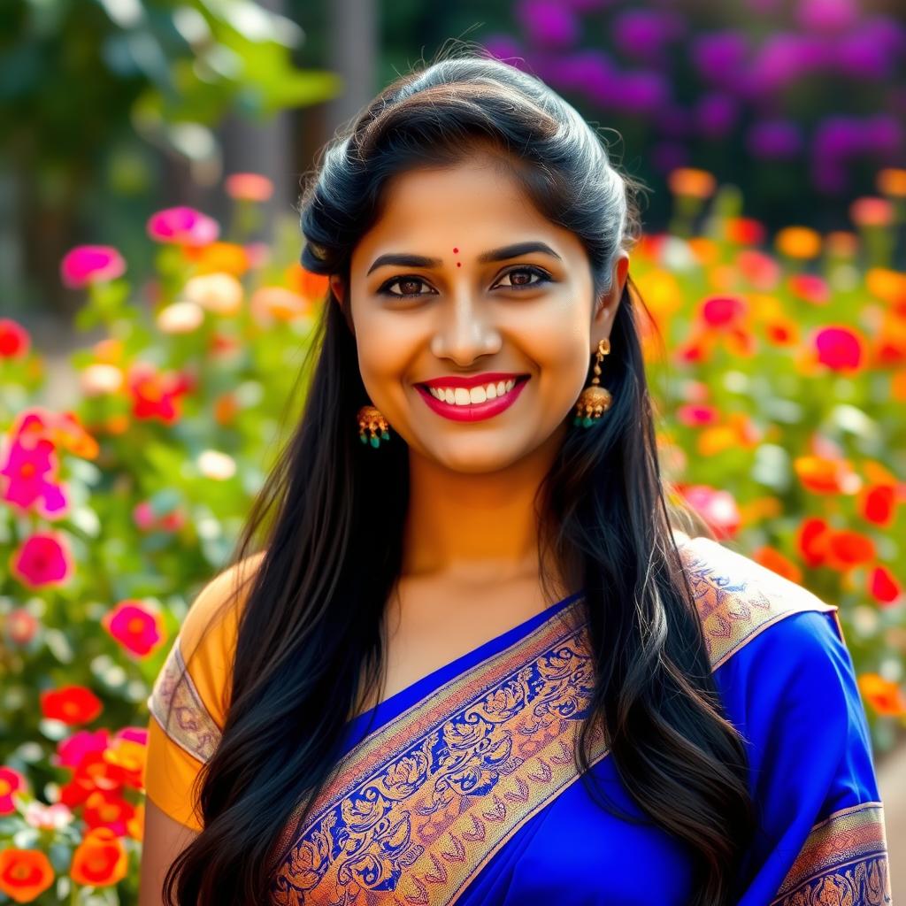 An HD portrait of Y Harika, an Indian woman with a warm and inviting smile, set against a vibrant outdoor backdrop filled with lush greenery and colorful flowers