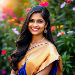 An HD portrait of Y Harika, an Indian woman with a warm and inviting smile, set against a vibrant outdoor backdrop filled with lush greenery and colorful flowers