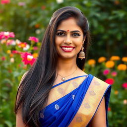 An HD portrait of Y Harika, an Indian woman with a warm and inviting smile, set against a vibrant outdoor backdrop filled with lush greenery and colorful flowers