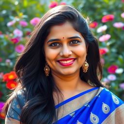 An HD portrait of Y Harika, an Indian woman with a warm and inviting smile, set against a vibrant outdoor backdrop filled with lush greenery and colorful flowers