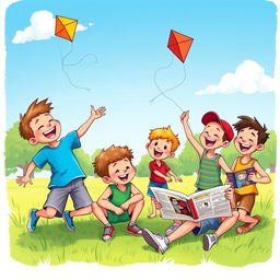 A whimsical illustration showcasing a group of boys happily engaged in playing together outdoors