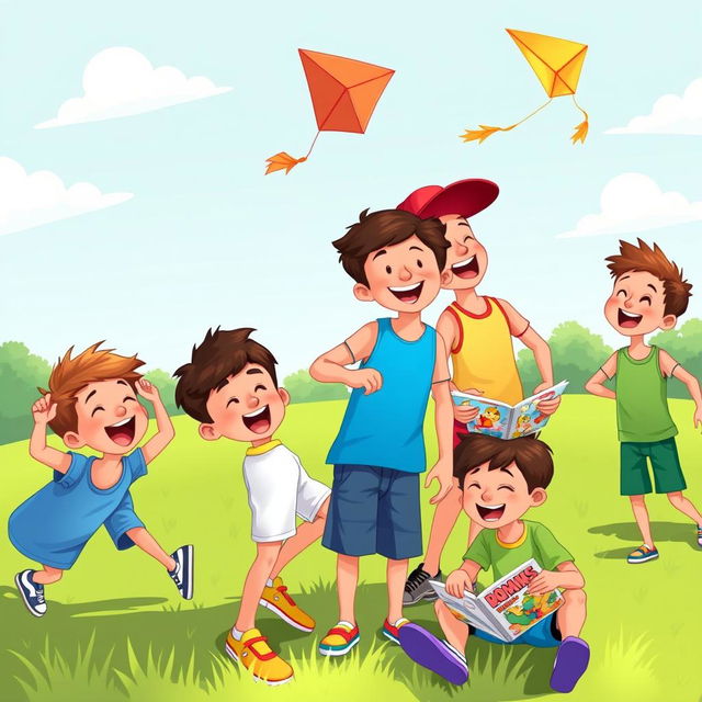 A whimsical illustration showcasing a group of boys happily engaged in playing together outdoors