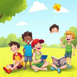 A whimsical illustration showcasing a group of boys happily engaged in playing together outdoors