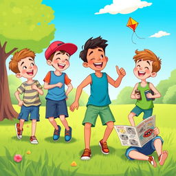 A whimsical illustration showcasing a group of boys happily engaged in playing together outdoors