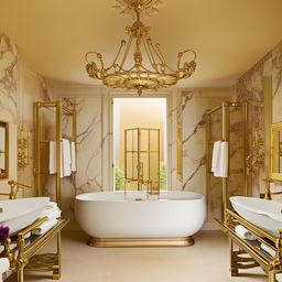 A luxurious bathroom featuring a large, ornate bathtub at the center, marble countertops, gold fixtures, a glass-walled shower, and plush white towels hanging on warming racks.