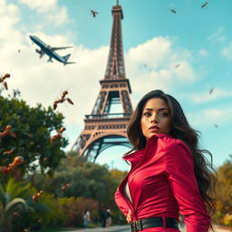 A vibrant YouTube Shorts thumbnail featuring the Eiffel Tower growing and tall, surrounded by flying ants and an airplane soaring through the sky
