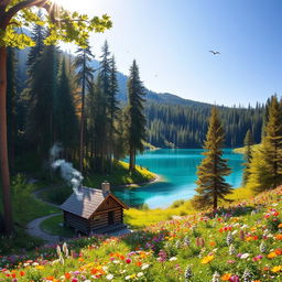 A vibrant and serene landscape showcasing the beauty of nature, featuring a lush green forest with tall trees, colorful wildflowers carpeting the ground, and a sparkling clear blue lake reflecting the sky