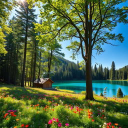 A vibrant and serene landscape showcasing the beauty of nature, featuring a lush green forest with tall trees, colorful wildflowers carpeting the ground, and a sparkling clear blue lake reflecting the sky