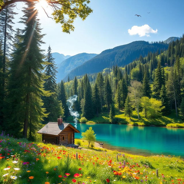 A vibrant and serene landscape showcasing the beauty of nature, featuring a lush green forest with tall trees, colorful wildflowers carpeting the ground, and a sparkling clear blue lake reflecting the sky