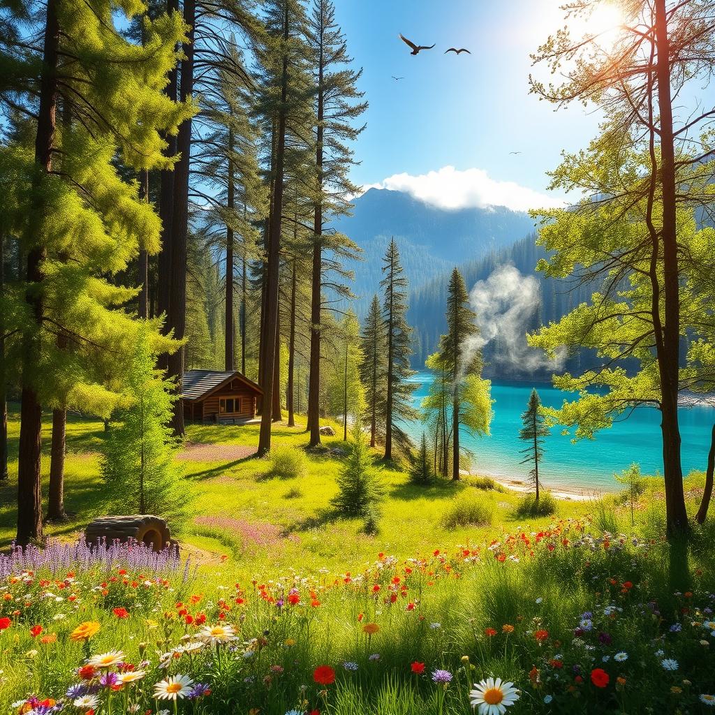 A vibrant and serene landscape showcasing the beauty of nature, featuring a lush green forest with tall trees, colorful wildflowers carpeting the ground, and a sparkling clear blue lake reflecting the sky