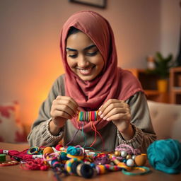 A beautiful young woman wearing a colorful hijab, concentrating on weaving friendship bracelets with vibrant threads