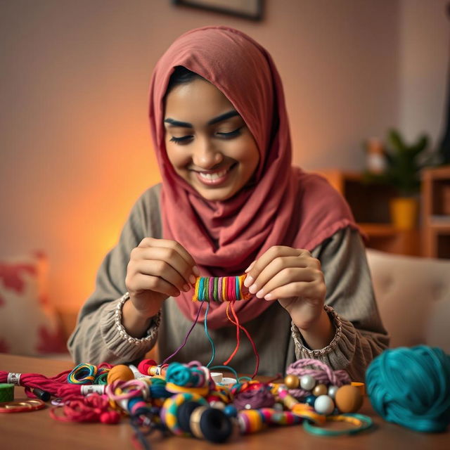 A beautiful young woman wearing a colorful hijab, concentrating on weaving friendship bracelets with vibrant threads