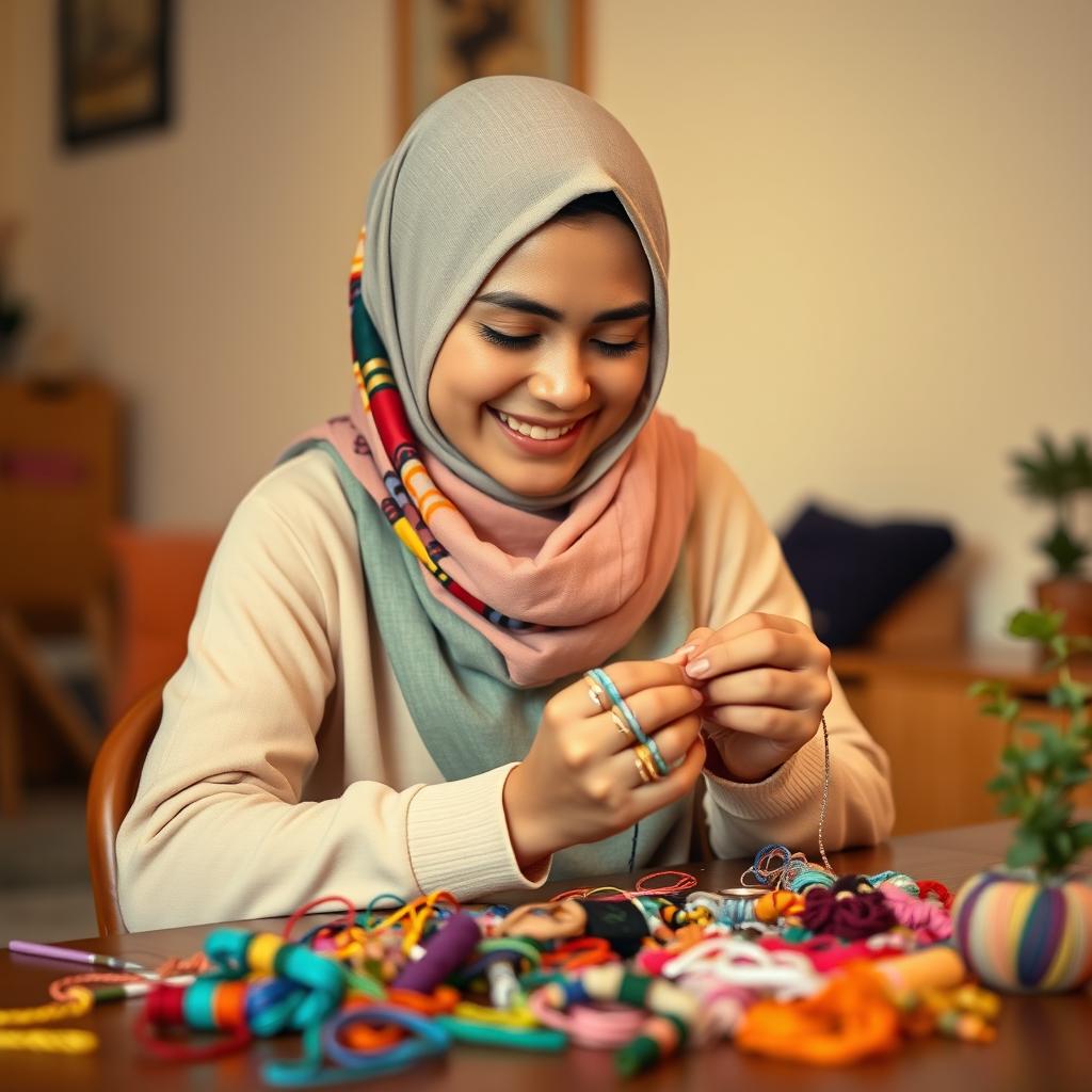 A beautiful young woman wearing a colorful hijab, concentrating on weaving friendship bracelets with vibrant threads