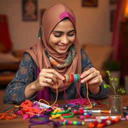 A beautiful young woman wearing a colorful hijab, concentrating on weaving friendship bracelets with vibrant threads