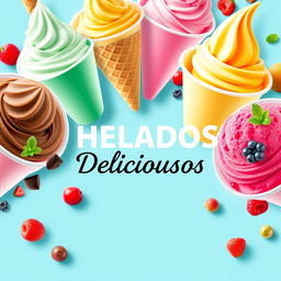 Un colorido y atractivo flyer sobre la venta de helados de todo tipo, destacando el nombre 'HELADOS Deliciosos' en el centro
