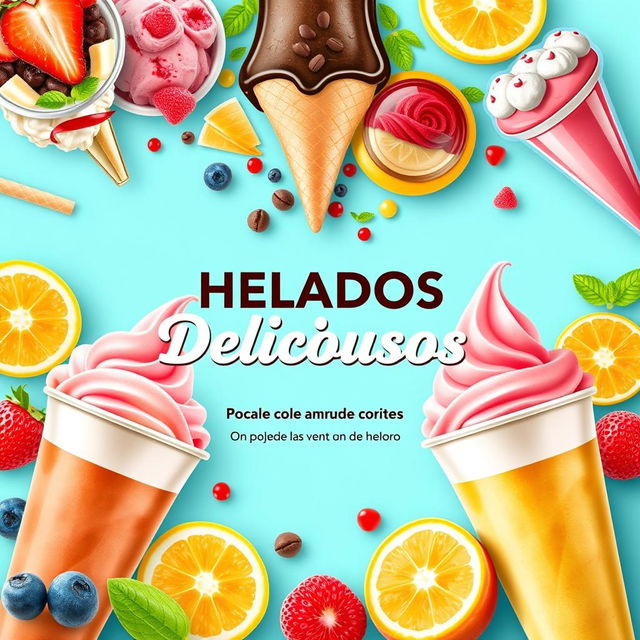 Un colorido y atractivo flyer sobre la venta de helados de todo tipo, destacando el nombre 'HELADOS Deliciosos' en el centro