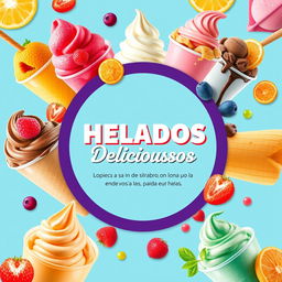 Un colorido y atractivo flyer sobre la venta de helados de todo tipo, destacando el nombre 'HELADOS Deliciosos' en el centro