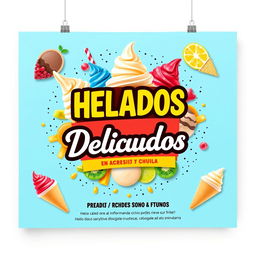 Un colorido y atractivo flyer sobre la venta de helados de todo tipo, destacando el nombre 'HELADOS Deliciosos' en el centro
