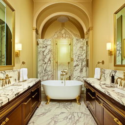 A luxurious bathroom featuring a large, ornate bathtub at the center, marble countertops, gold fixtures, a glass-walled shower, and plush white towels hanging on warming racks.