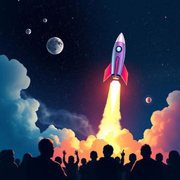 A visually stunning digital art poster depicting a vibrant rocket launch into space, showcasing the rocket lifting off from a launch pad with dynamic flames and smoke billowing beneath it