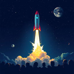 A visually stunning digital art poster depicting a vibrant rocket launch into space, showcasing the rocket lifting off from a launch pad with dynamic flames and smoke billowing beneath it