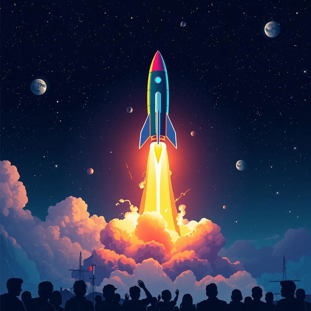 A visually stunning digital art poster depicting a vibrant rocket launch into space, showcasing the rocket lifting off from a launch pad with dynamic flames and smoke billowing beneath it