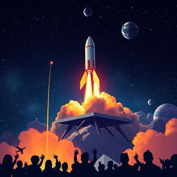 A visually stunning digital art poster depicting a vibrant rocket launch into space, showcasing the rocket lifting off from a launch pad with dynamic flames and smoke billowing beneath it